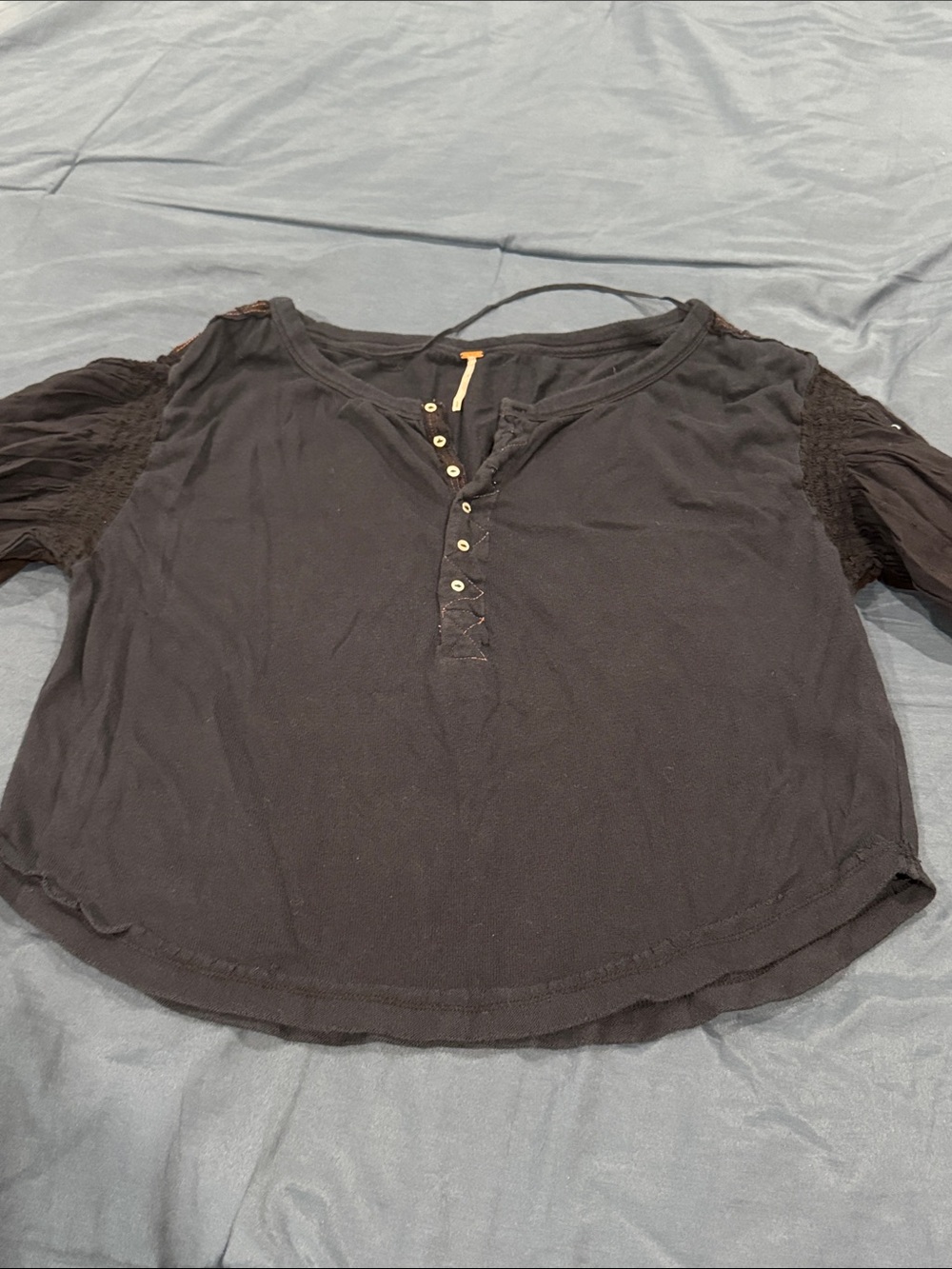 Free People Black Long Sleeve Henley Top with Lace Sleeves